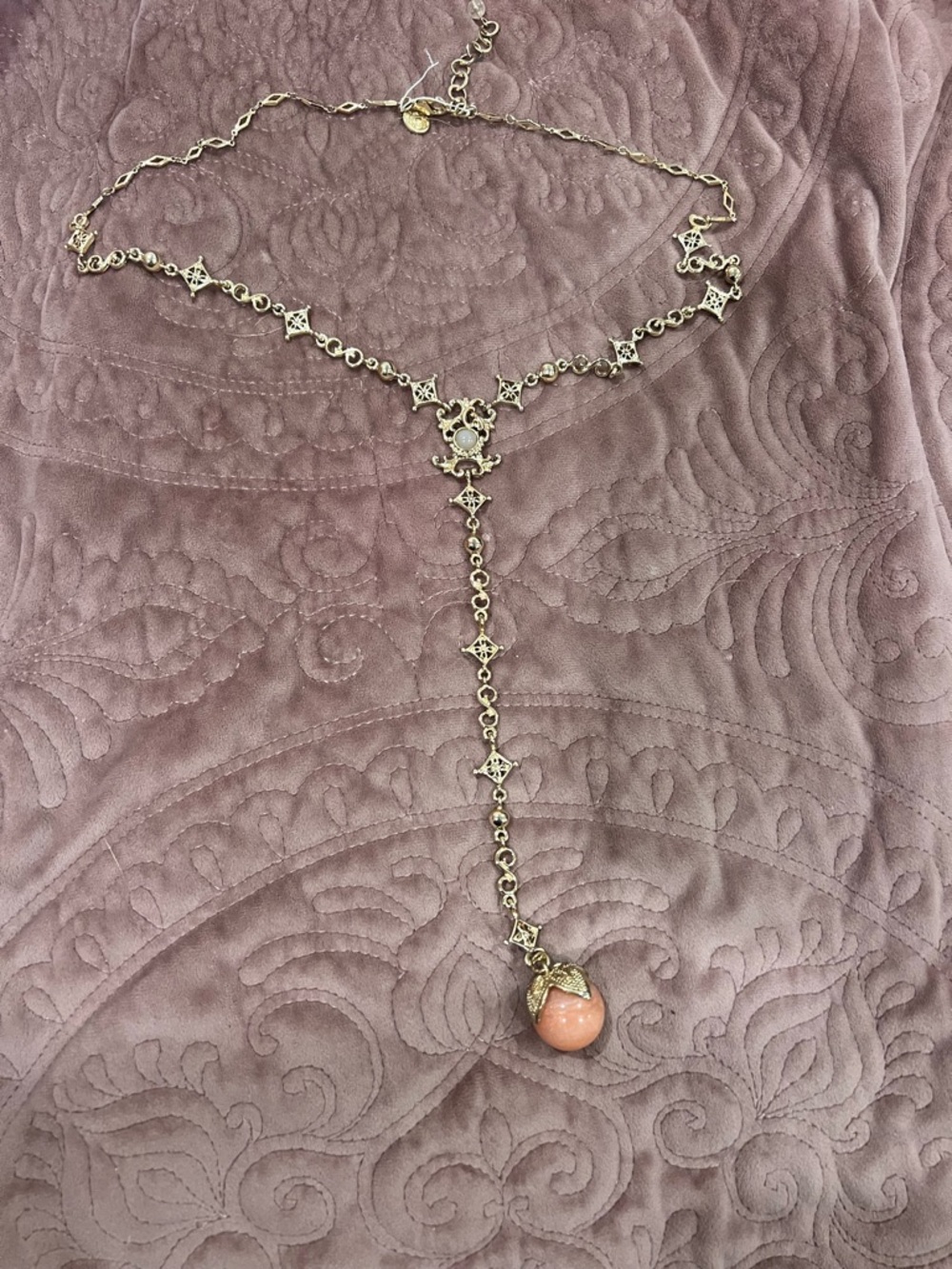 Vintage Gold Necklace with Pink Drop Pendant